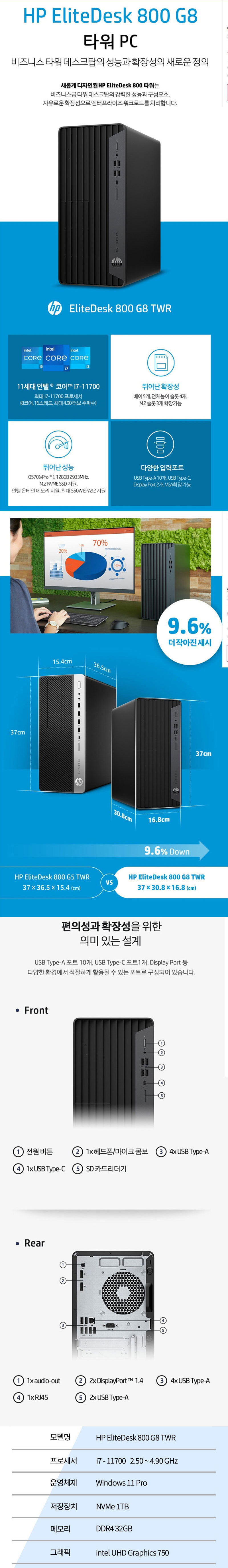 HP EliteDesk 800 G8 TWR i7-11700 32G NVMe SSD 1TB UHD750 윈11 Pro